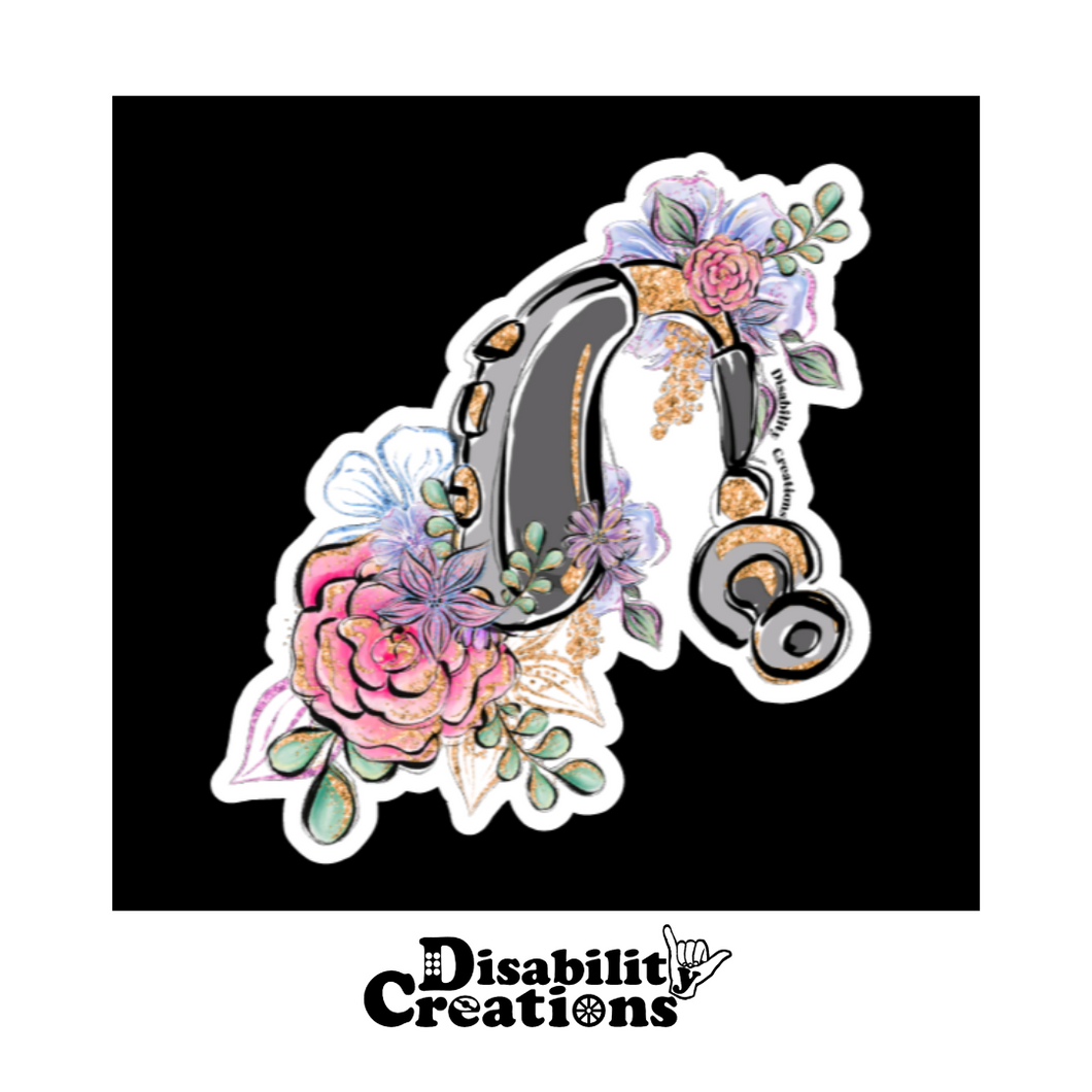 The Hearing Aid with Flowers on a black background.