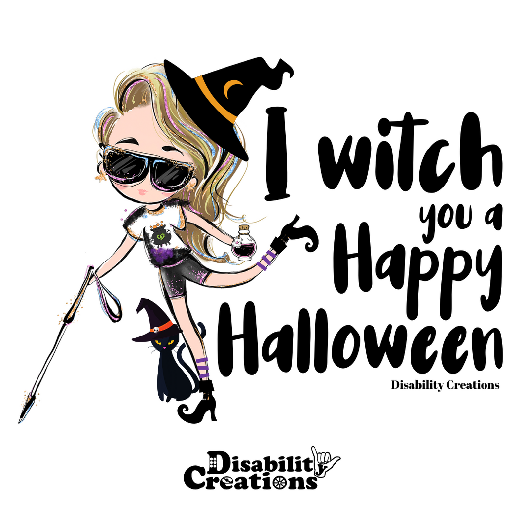 The design of the sticker. A cartoonish witch holding a white cane in her right hand, a poison bottle in her left hand, and her left leg swinging back. Her blond hair and black sunglasses have tints of purple, blue, pink, and blond highlights. She wears a black witch hat with a yellow moon,  a white shirt with a witch's cauldron, black shorts, and black witch boots with purple line socks. There is a black cat behind her wearing a witch hat. On her right, it says, 