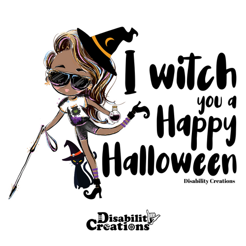 The design of the sticker. A cartoonish black witch holding a white cane in her right hand, a poison bottle in her left hand, and her left leg swinging back. Her brown hair and black sunglasses have tints of purple, blue, pink, and blond highlights. She wears a black witch hat with a yellow moon,  a white shirt with a witch's cauldron, black shorts, and black witch boots with purple line socks. There is a black cat behind her wearing a witch hat. On her right, it says, 