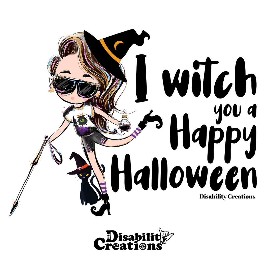 The design of the sticker. A cartoonish witch holding a white cane in her right hand, a poison bottle in her left hand, and her left leg swinging back. Her brown hair and black sunglasses have tints of purple, blue, pink, and blond highlights. She wears a black witch hat with a yellow moon,  a white shirt with a witch's cauldron, black shorts, and black witch boots with purple line socks. There is a black cat behind her wearing a witch hat. 