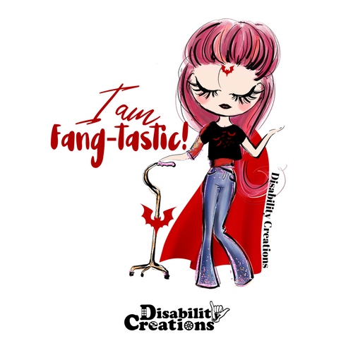 The design of the sticker. A sticker that says I am Fang-tastic! A cartoonish drawing of a woman holding her walking cane with her right hand and left hand in the air. She looks down with black lips and fangs, long eyelashes, and long red hair, wearing a vampire costume. She has a red and black shirt with bats and a red cape. She has a red bat tattoo on her forehead. A red bat on her cane's shaft with open wings.
