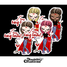 Load image into Gallery viewer, The four options of the I am Fang-tastic sticker.  Red hair, brown hair, blond hair and a black lady with brown hair.

