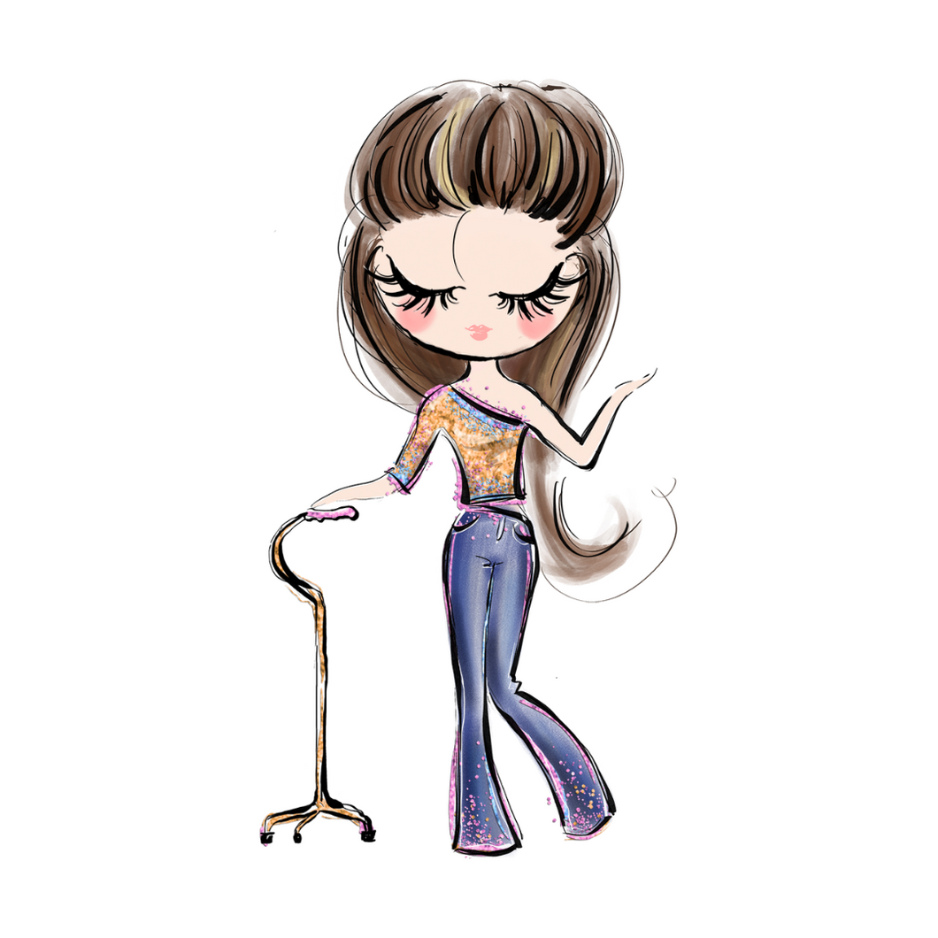 Lady With A Cane, Brown Hair Sticker: A cartoonish drawing of a woman holding her walking cane with her right hand and left hand is up in the air. She is looking down with pink lips, long eyelashes, long brown hair, wearing a one-shouldered golden top, and blue jeans.