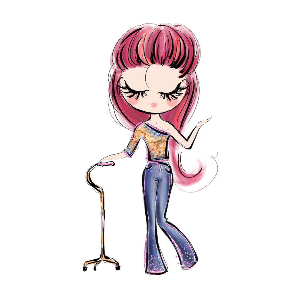 Lady With A Cane, Red Hair Sticker: A cartoonish drawing of a woman holding her walking cane with her right hand and left hand is up in the air. She is looking down with pink lips, long eyelashes, long red hair, wearing a one-shouldered golden top, and blue jeans.