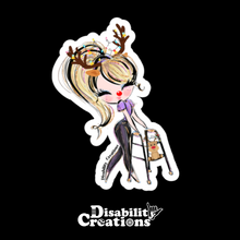 Load image into Gallery viewer, A cartoonish smiling woman with pink lips, flirty eyelashes, and blond hair tied back using a walker. She wears black jeans and a purple hair tie that matches her shirt. She has a headband of reindeer antlers with Christmas lights. A small reindeer stuffed animal with Christmas lights on its antlers sit in front of her walker.    
