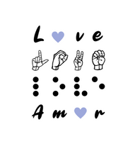 Load image into Gallery viewer, The sticker says &quot;Love&quot; in four different languages in white. The first line is &quot;Love&quot; in English. The letter &quot;O&quot; is replaced by a blue heart. The second line has &#39;Love&quot; in American Sign Language- fingerspelling. The third line has &quot;Love&quot; in Braille. The four-line has &quot;Love&quot; in Spanish - Amor. The letter &quot;O&quot; is replaced by a blue heart. 
