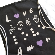 Load image into Gallery viewer, The Love in Four Languages with Purple Hearts Drawstring Bag

