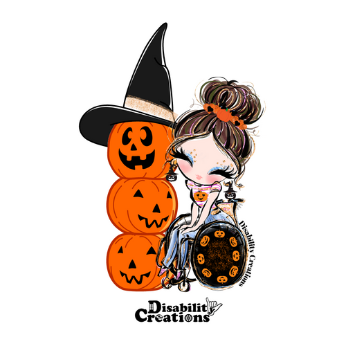 The design if the sticker. A sticker of a lady with pumpkin dangling earrings and her wheelchair's wheels are black with pumpkins creating a circle. On her left side, three pumpkins are stacked on each other with carved faces. The top pumpkin has a witch hat.