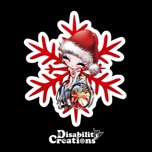 A sticker of a lady wearing a Santa Claus hat, her shirt has a Christmas hot chocolate design, and her wheelchair's wheels have golden snowflakes. She sits in front of a large red snowflake.