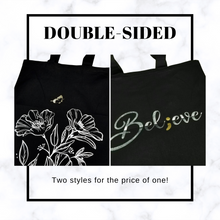 Load image into Gallery viewer, Shows both sides of the Suicide Awareness Semicolon Butterfly Tote Bag. Below it says, &quot;Two styles for the price of one!
