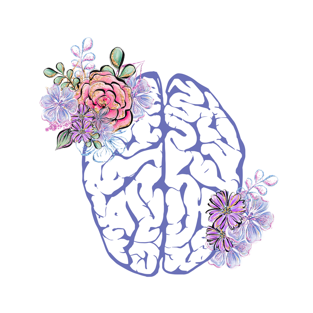 A light purple brain with two flower arrangements. One arrangement is located on the top left with pink, purple, light purple, and green leaves. The bottom right arrangement has purple flowers and leaves.