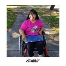 Load image into Gallery viewer, Nelly wearing the Wheelchair with Flowers shirt, berry color option. 
