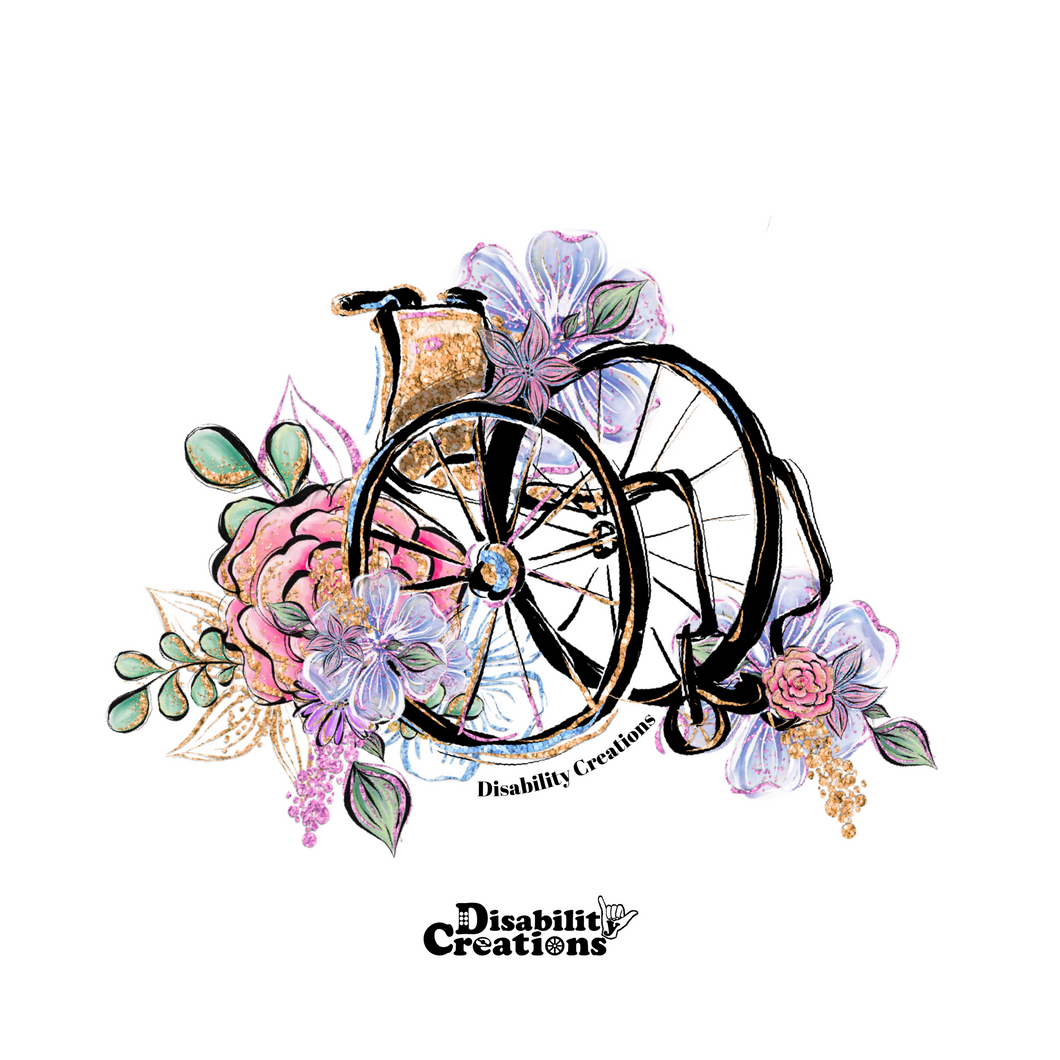 The wheelchair with flowers stickers. 