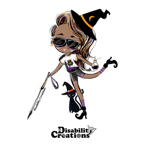The design of the sticker. A cartoonish black witch holding a white cane in her right hand, a poison bottle in her left hand, and her left leg swinging back. Her brown hair and black sunglasses have tints of purple, blue, pink, and blond highlights. She wears a black witch hat with a yellow moon,  a white shirt with a witch's cauldron, black shorts, and black witch boots with purple line socks. There is a black cat behind her wearing a witch hat. 
