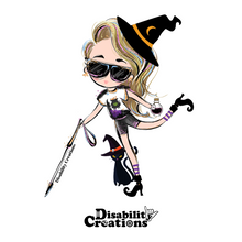 Load image into Gallery viewer, The design of the sticker, A cartoonish witch holding a white cane in her right hand, a poison bottle in her left hand, and her left leg swinging back. Her blond hair and black sunglasses have tints of purple, blue, pink, and blond highlights. She wears a black witch hat with a yellow moon,  a white shirt with a witch's cauldron, black shorts, and black witch boots with purple line socks. There is a black cat behind her wearing a witch hat.
