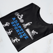 Load image into Gallery viewer, Black Adaptive Sports disability awareness T-shirt featuring illustrations of wheelchair basketball, wheelchair racing, adaptive skiing, and other adaptive sports.
